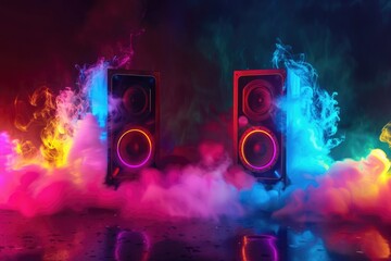 Two speakers with colorful smoke effects in the background, perfect for music performances or...