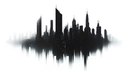 Naklejka premium CG Futuristic City Skyline Silhouette: A sleek, CG-rendered silhouette of a futuristic city skyline, set against a stark white background. 