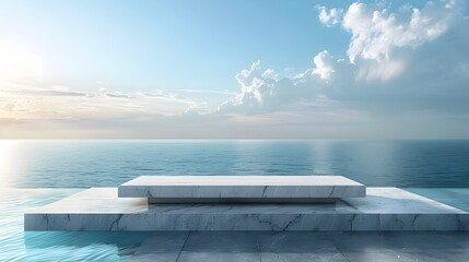 Fototapeta premium Sleek Marble Table by Infinity Pool with Ocean Vistas for High End Product Displays