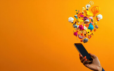 This vibrant image showcases a smartphone from which colorful icons and illustrations emerge, symbolizing creativity, ideas, and digital connectivity. A striking orange background adds an energizing t