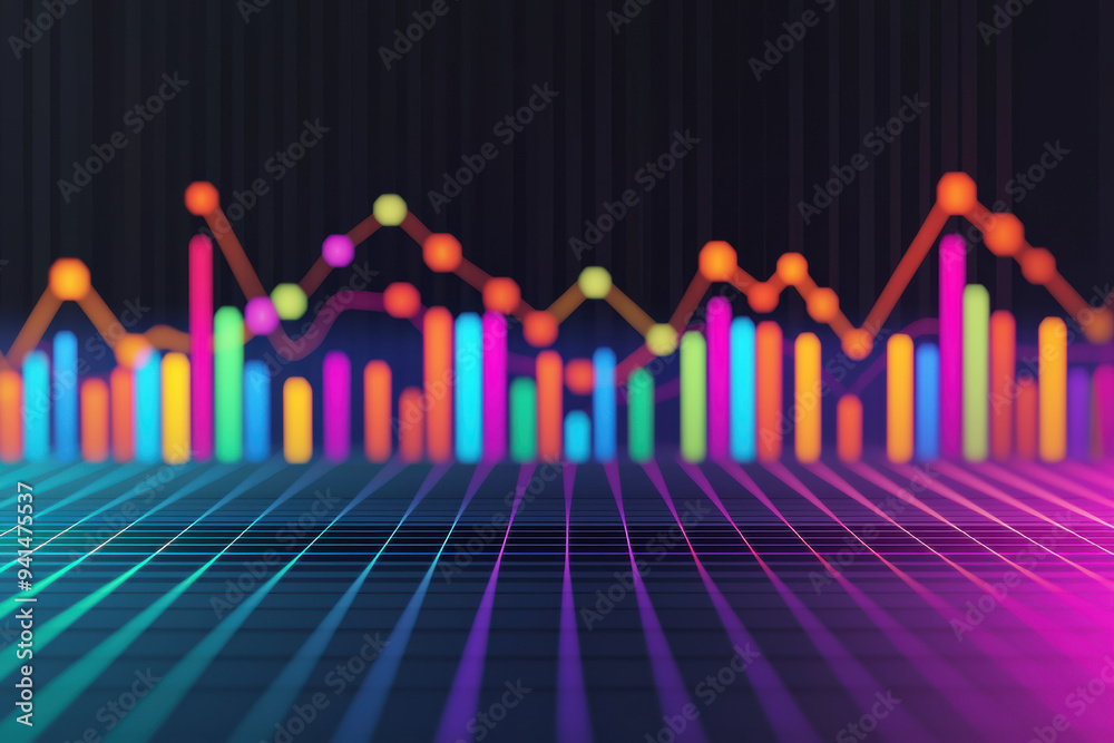 Poster colorful neon light bar chart graph on dark background with grid pattern, representing data analysis