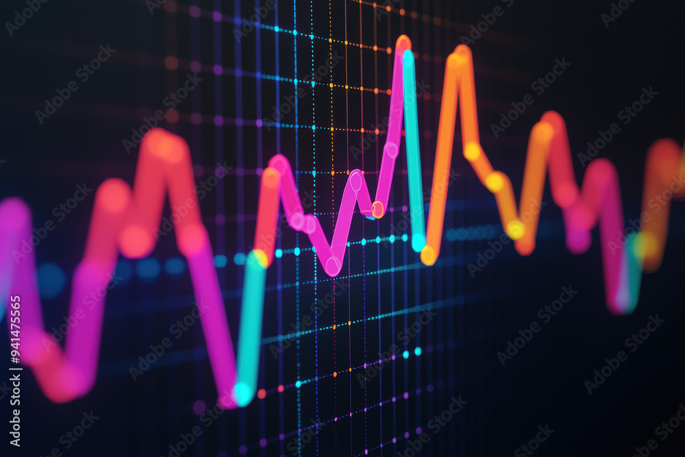 Poster colorful glowing data visualization chart with dynamic lines and dots on a dark background, represen