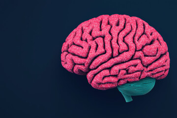 3D-rendered pink brain with intricate neural pathways and teal wires, against a dark background, symbolizing advanced technology and artificial intelligence.