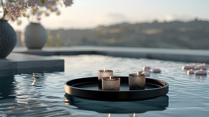 Obraz premium Elegant Black Metal Table with Floating Candles Beside Stylish Pool for Luxurious Product Display