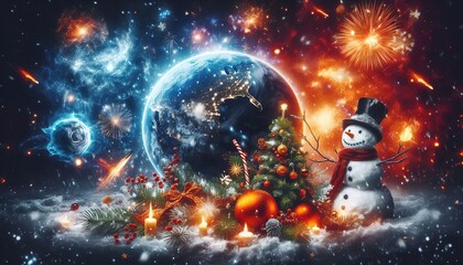 A Christmas tree and a snowman on the background of outer space and the planet Earth