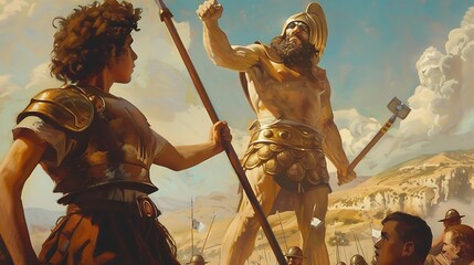 A compact depiction of David facing Goliath, showing David holding a sling with a determined expression, and Goliath towering in the background, ready for battle 