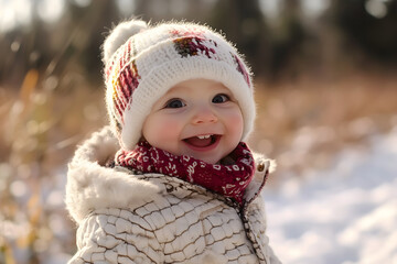Happy smiling baby bundled in cozy white knit hat and scarf against blurred winter background with warm golden sunset light illuminating rosy cheeks, copy space