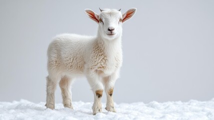 Fototapeta premium Adorable White Baby Goat Standing in Snow - Generative AI