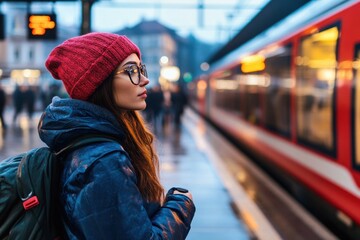 Fototapeta premium A person with a red beanie waits at a train station, depicting a moment of travel, anticipation, and urban life in a busy and vibrant setting.