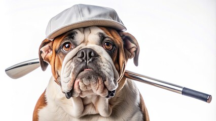 golfing, leisure, adorable, pet, unique, white background, headgear, golf club, An English bulldog wearing a baseball cap and holding a golf club is standing against a white background