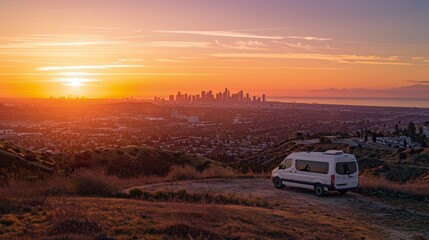 White van parked on a hill overlooking the los angeles skyline at sunset