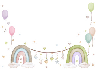 Watercolor frame with rainbows, banner, background for birthday, gender party, baby shower, children's party. Horizontal card poster invitation greeting card.