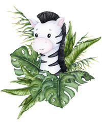 Cute baby zebra in a bouquet of tropical leaves. Watercolor composition for birthday, gender party, baby shower, children's party. Illustration for postcard, poster, invitation, greeting card.
