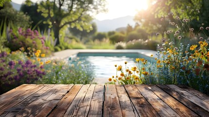 Naklejka premium Rustic Wooden Farm Table by Charming Country Pool with Wildflowers for Homey Product Displays