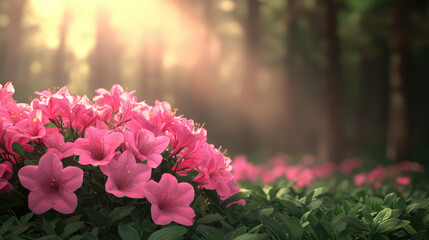 Obraz premium Beautiful serene forest with blooming pink azaleas under warm sunlight with a blurred background, creating a peaceful and tranquil natural setting.