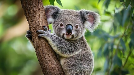 Naklejka premium Endearing koala clinging to a branch perfect for adorable animal-themed images