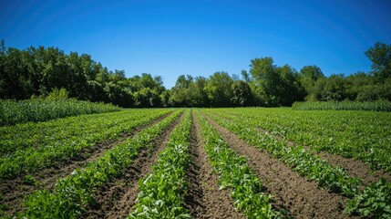 A carrot field in full bloom under a clear blue sky, with rows of lush green foliage. The wide shot captures the expanse of the farm and the beauty of nature.