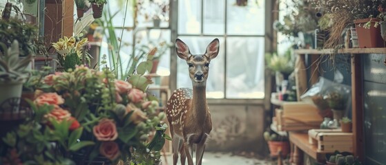 Deer as florists arranging bouquets in a quaint shop