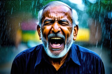 upset depressed senior indian man screaming, crying at street under rain. shock, emotional breakdown