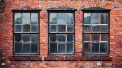 A close-up of a red brick wall with windows, capturing the texture of the bricks and the reflections in the glass, creating a visually appealing urban background.