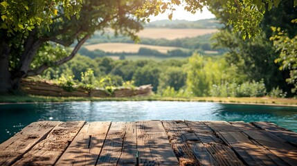 Rustic Barnwood Table Beside Country Pool With Rolling Fields Ideal For Farm to Table Product Displays