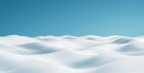 Abstract snowy landscape with gentle, wavy snow dunes under a clear blue sky, creating a serene and peaceful winter scene.