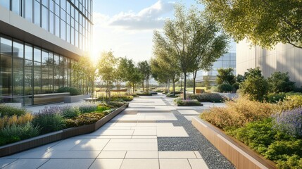 Naklejka premium A contemporary commercial area featuring a green rooftop platform and well-manicured landscapes. Ideal for showcasing modern, eco-friendly office environments.