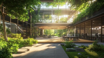 A contemporary office area with a platform and green landscape, featuring open spaces, trees, and eco-friendly architecture. Ideal for business visuals with a green focus.