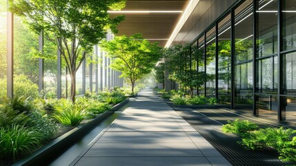 A contemporary office area with a platform and green landscape, featuring open spaces, trees, and eco-friendly architecture. Ideal for business visuals with a green focus.