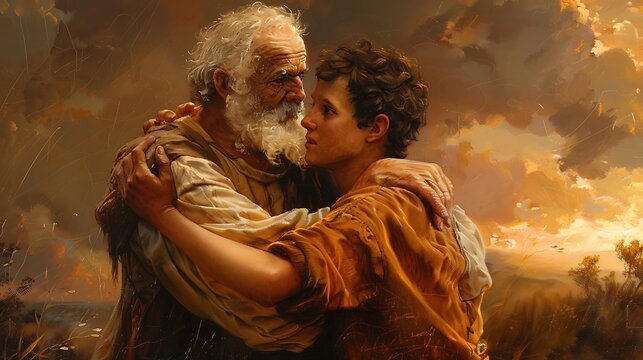 A detailed image of the prodigal son returning home, with his father running to embrace him, capturing the moment of forgiveness and reunion