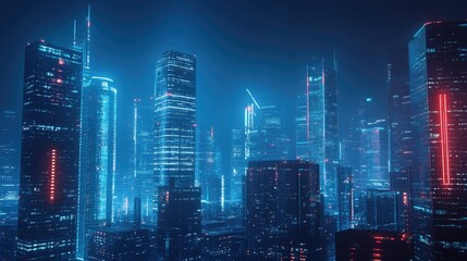 Fototapeta premium A futuristic city at night with sleek, illuminated skyscrapers and a glowing skyline. A premium background ideal for tech companies and digital innovation.