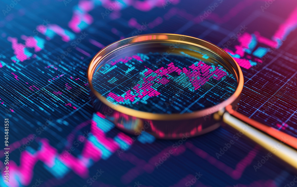 Poster a close-up of a magnifying glass focusing on a digital screen with colorful statistical graphs and d