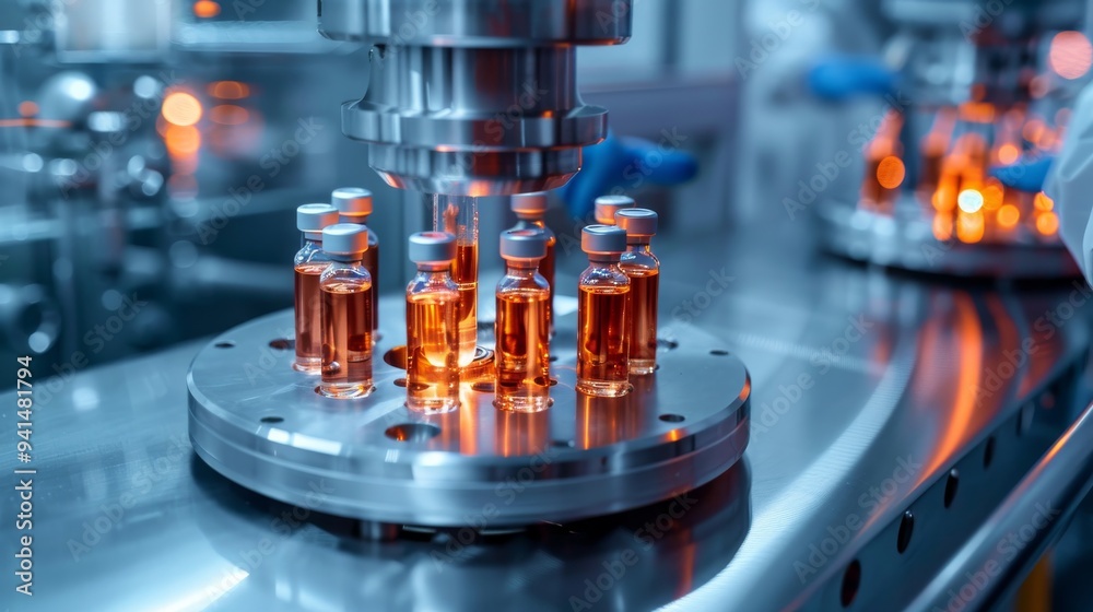 Poster close-up of a pharmaceutical vial filling machine with vials filled with liquid on a production line