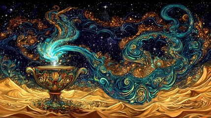 Magical Golden Chalice with Swirling Smoke and Stars