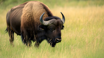 Majestic Bison Herd Grazing in Prairie Landscape