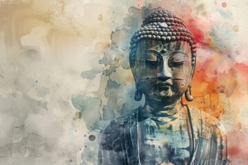 A serene Buddha statue depicted in watercolor style, suitable for meditation or spiritual-themed designs