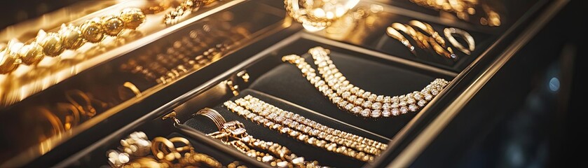 A stunning collection of luxury gold jewelry displayed elegantly in a beautifully organized jewelry box.