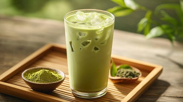 A glass of iced matcha latte on a bamboo tray, with fresh Uji tea leaves and a small dish of matcha powder, capturing the authenticity of Japanese tea culture.