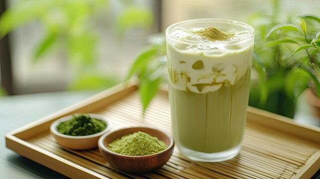 A glass of iced matcha latte on a bamboo tray, with fresh Uji tea leaves and a small dish of matcha powder, capturing the authenticity of Japanese tea culture.