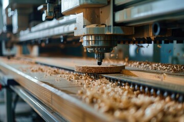A machine cutting a piece of wood for crafting or furniture making