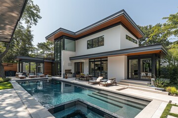 Front porch with wood deck and view of backyard garden, grey modern home with oversized sliding door, small pond, and wooden chairs in Seattle.