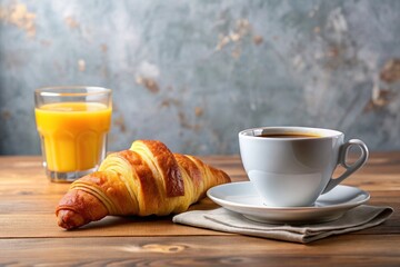 Breakfast scene with a croissant, cup of coffee, and glass of orange juice on a table, treat, food, refreshing, brunch, beverage, drink, aroma, meal, cozy, warm, non-symmetrical, tasty