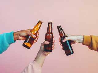 Retro-inspired grainy photo with three multiracial people raising beer bottles in cheer, clinking them together.