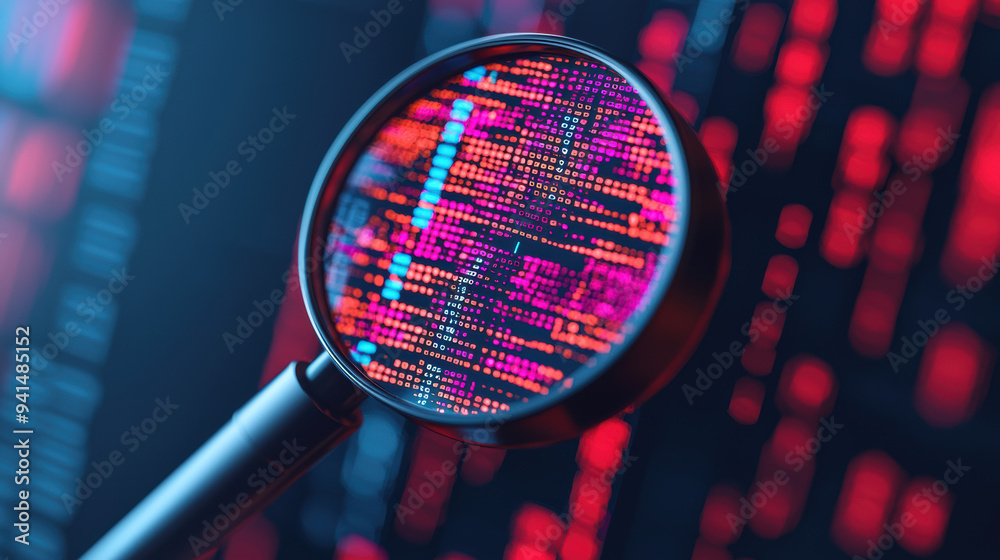 Poster a magnifying glass examines colorful code on a computer screen, highlighting cybersecurity and data 