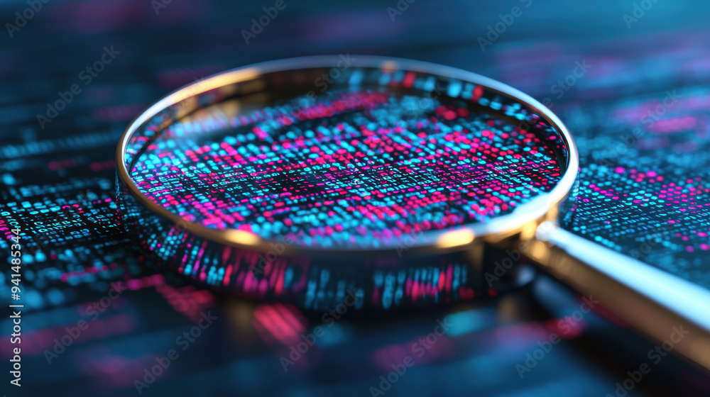 Poster magnifying glass focusing on digital binary code representing data analysis, computer science, or cy