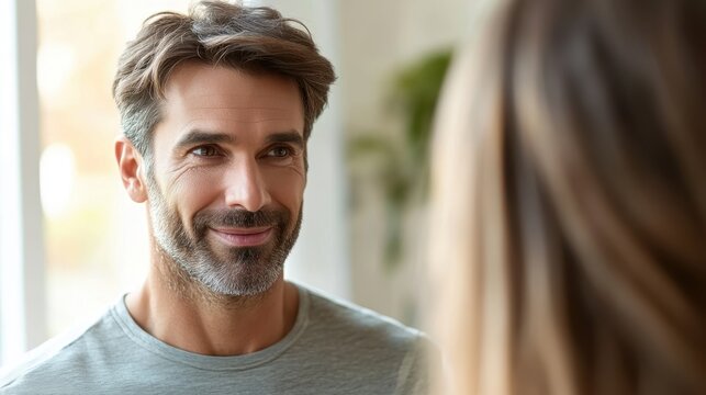 Charismatic Mature Man with Friendly Smile Engaging in Conversation