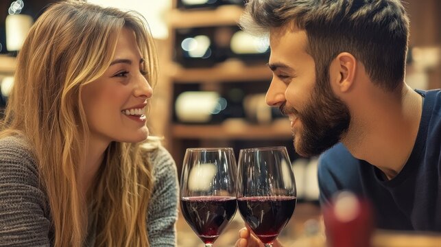 Romantic Couple Enjoying Wine at Cozy Restaurant