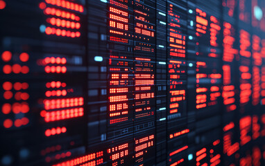 Fototapeta premium Futuristic data center server with glowing red lights, showcasing advanced technology and high-speed data processing capacities.