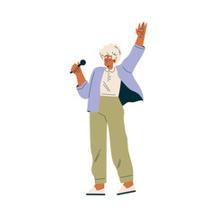Senior Woman Character Sing with Microphone Vector Illustration