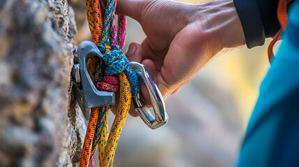 Climber Ascending Challenging Rock Face with Climbing Gear and Equipment
